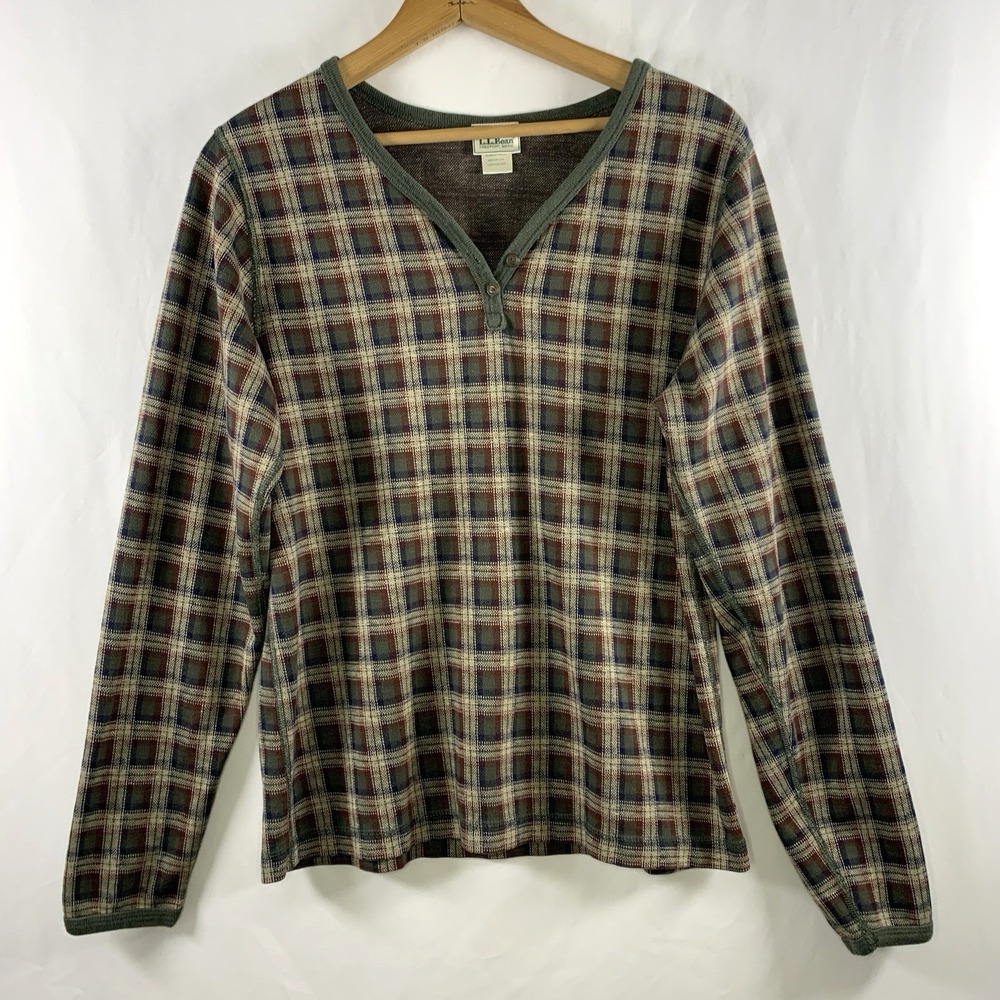 VTG LL Bean Womens Y2K Plaid Henley Top Size M Granola Indie Grunge Outdoors USA